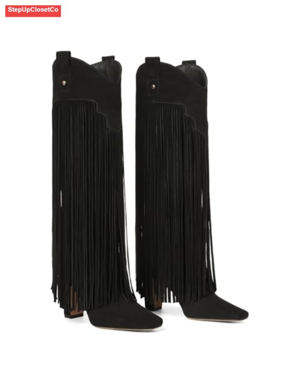Knee High Suede Fringe Boots Square Toe Chunky Heel Pull On